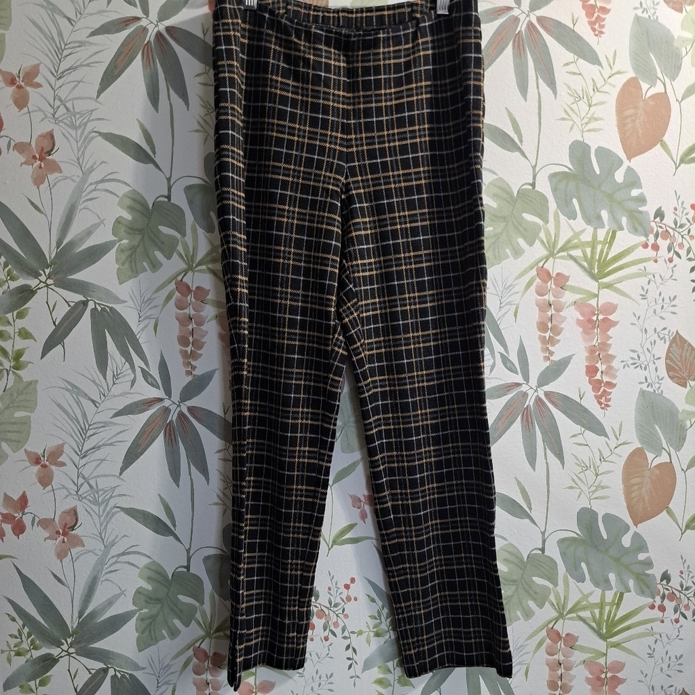 J. Jill Ponte Plaid Slim Leg Black and Tan Pants Sizr Med Petite
